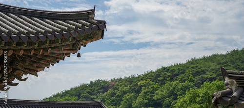Obraz na plátně Traditional Korean temple tile roof and colorful dancheong eaves with forest under blue sky