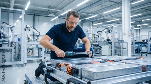 Caucasian male mechanic assembling lithium ion battery modular rack, EV specialist using digital torque wrench on high voltage cell, Low angle industrial portrait