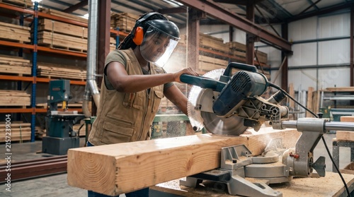 Black female carpenter using sliding miter saw, Woodworker cutting timber beam with power saw in studio, Professional safety equipment concept, Low angle view