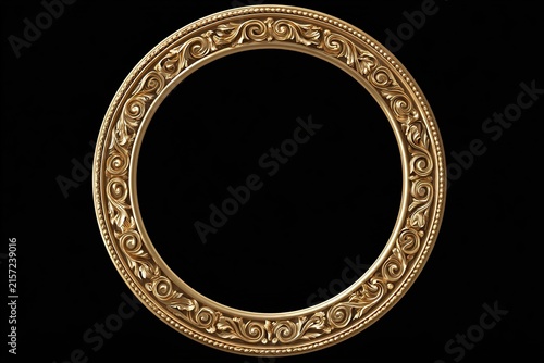 Ornate golden circular frame with intricate baroque swirling floral patterns, elegant decorative border, antique design element, isolated on black background, vintage luxury.