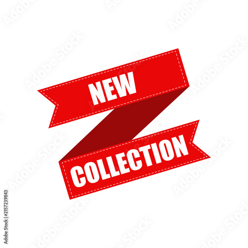Red New Collection Ribbon Banner with Bold White Typography and Stitched Border