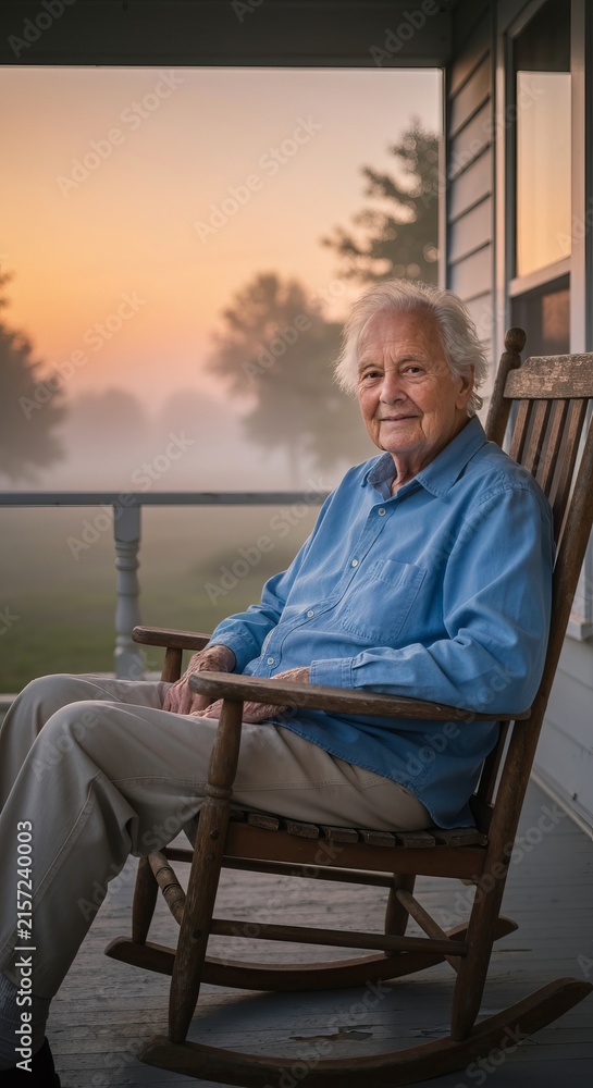 Fototapeta premium Elderly person in a quiet porch chair, morning mist, peaceful solitude