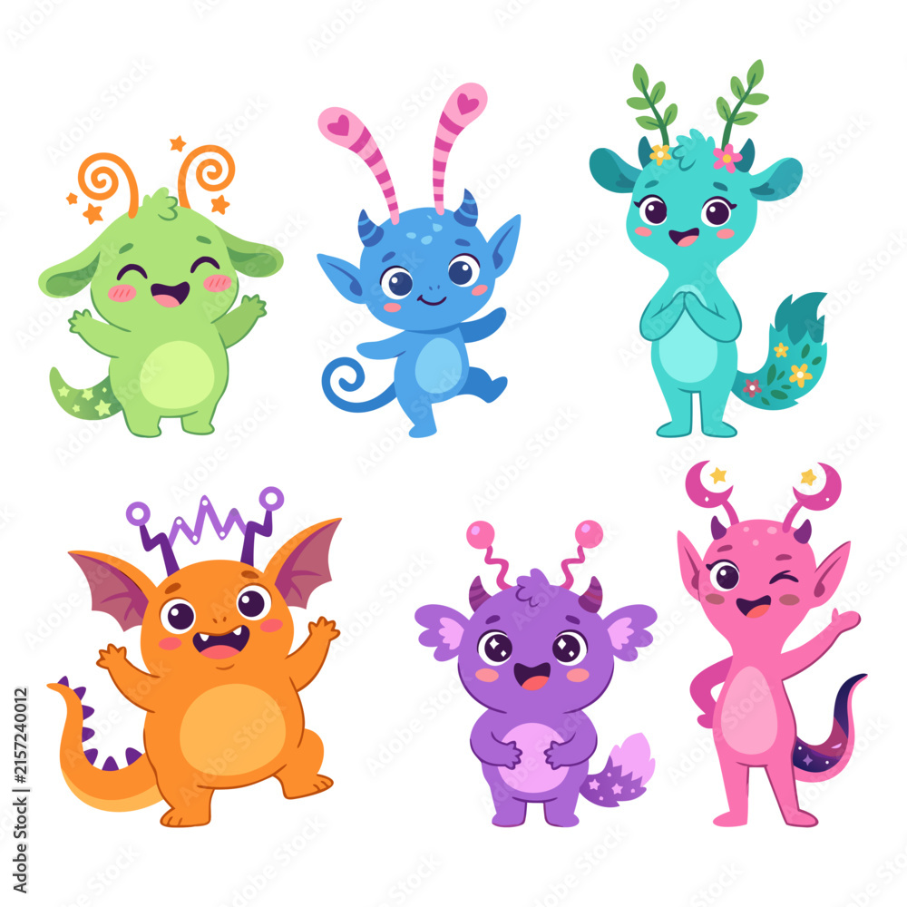 Obraz premium Cute fantasy space monsters and alien characters vector collection. Friendly cartoon creatures with horns, wings, tails, and floral antennas isolated on white background. Charming flat design for kids