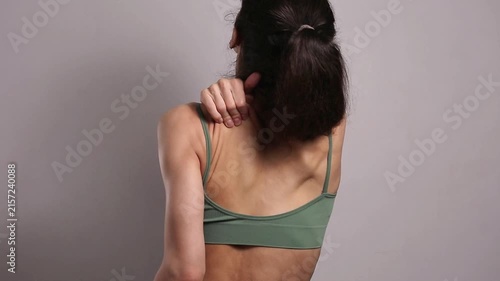 Wellness video of woman performing self massage for muscle relaxation and recovery, wellness self care routine, body care and healthy lifestyle concept with copy space background