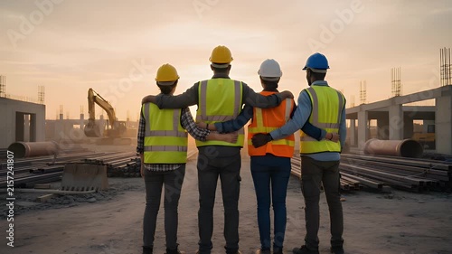 Diverse team of construction workers wearing high visibility safety vests and hard hats standing together at a large building site while watching the evening sunset light