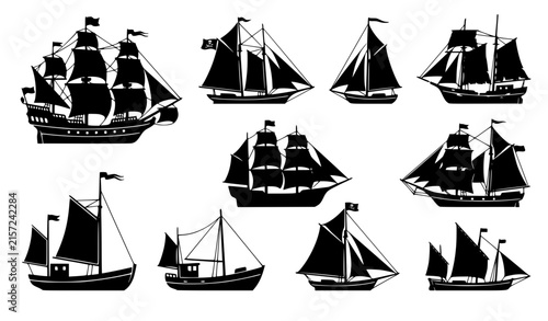Bild auf Leinwand Pirate fleet old wooden sailing ships and boats black silhouette vector set