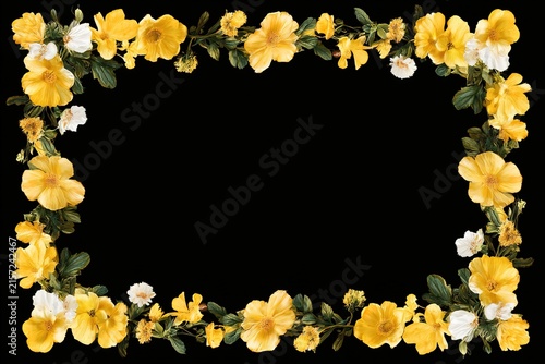 Yellow and white flowers border frame with green leaves isolated on black background.