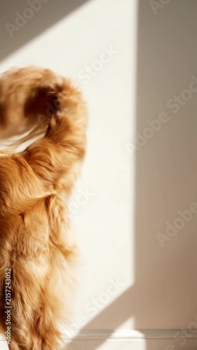 Close up of a golden retriever dog's tail wagging, natural light