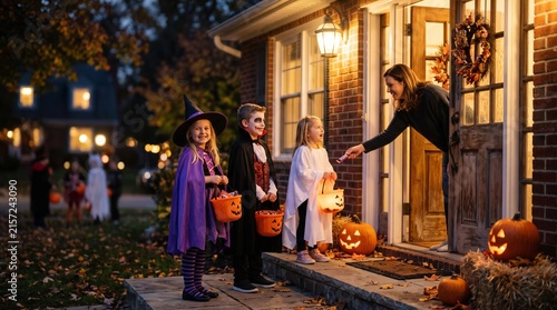 Children in halloween costumes trick or treating at a decorated front door during evening.