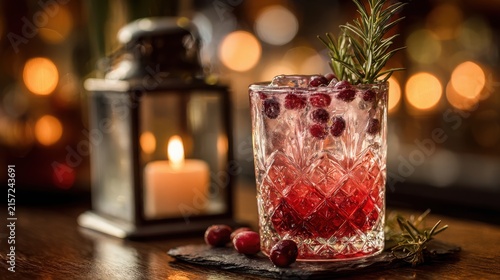 Festive cranberry cocktail garnished with fresh rosemary sprig beside glowing lantern light setting