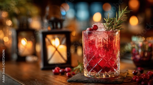 Festive red cranberry holiday cocktail garnished with fresh rosemary sprig on dark wooden table