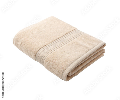 Folded Beige Soft Bath Towel Isolated on White Background