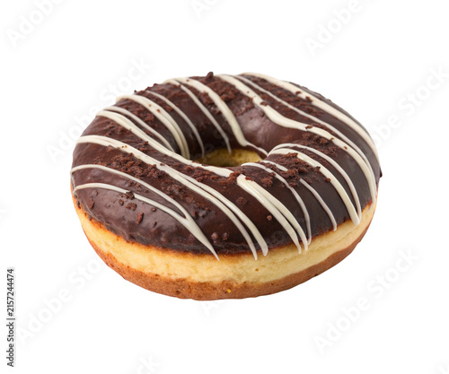 Chocolate Glazed Donut with White Stripe Icing Isolated on White Background