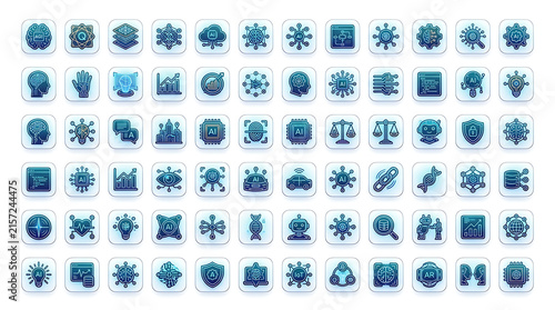 Artificial intelligence icons displayed in rounded blue square buttons covering technology, data analysis, and digital network concepts.