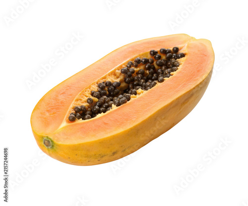 Fresh Ripe Papaya Fruit Half with Seeds Isolated on White Background