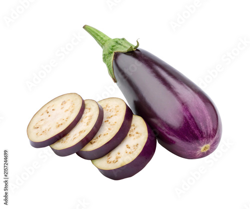 Fresh Purple Eggplant Whole and Slices Isolated on White Background