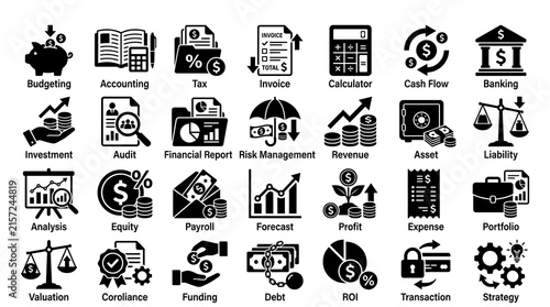 Finance icons illustrating accounting concepts, banking transactions, investments, and tax calculations are arranged on a white backdrop.