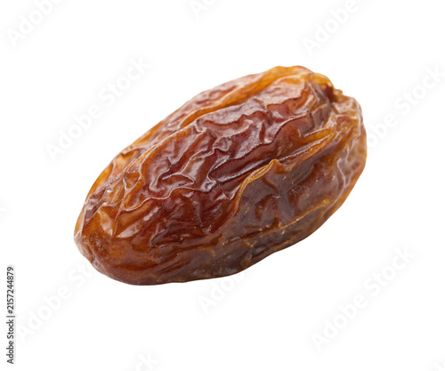 Single Dried Medjool Date Fruit Close Up Isolated on White Background