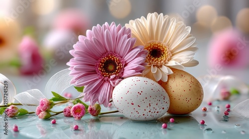 Pastel easter eggs among blooming flowers