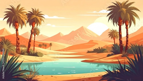 Desert oasis with palm trees and sunset mountains