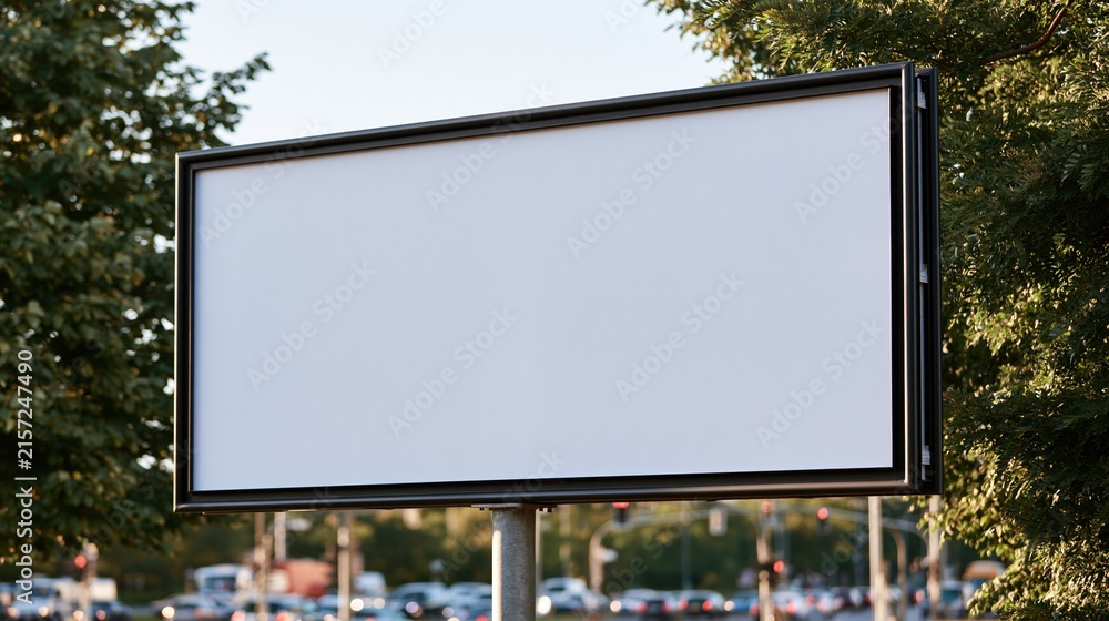 Fototapeta premium Blank billboard sign with copy space surrounded by greenery and blurred urban background