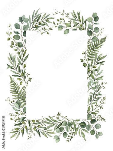 Watercolor greenery frame with eucalyptus and fern leaves rectangular foliage border illustration for wedding