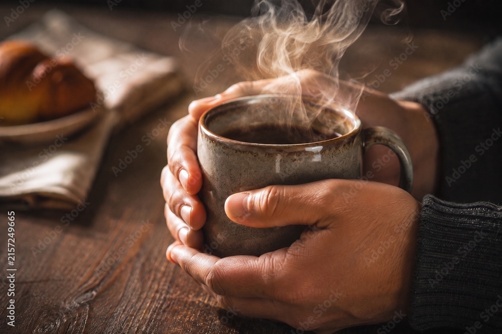 Naklejka premium Editorial ritual — two hands warming on steaming cup