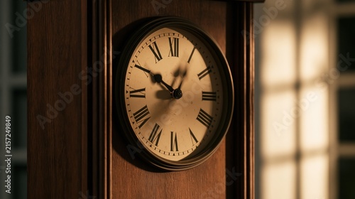 Antique wooden grandfather clock with Roman numerals showing passing time and warm ambient light