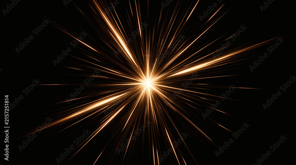 Obraz premium A bright golden starburst effect shines with light rays expanding from the center point against a dark black background to create an abstract energy burst pattern