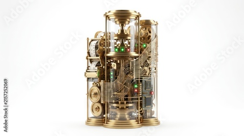 Intricate Golden Steampunk Time Machine Concept with Gears, Lights, and Glass Cylinders on White Background