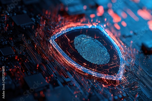Futuristic biometric fingerprint scanner shield glowing blue and red on digital circuit board background for cyber safety.