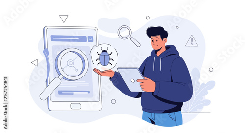 Software tester holding tablet near smartphone with bug icon, concept of bug hunting and debugging