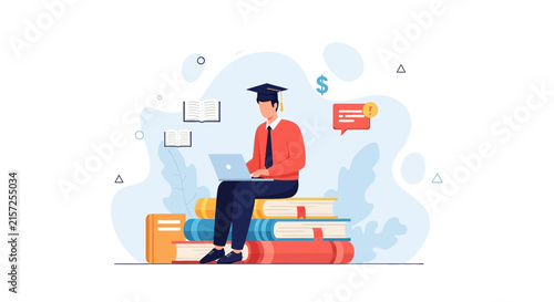 Student with Laptop on Stack of Books, Graduation Cap, Online Education, E-learning, Knowledge Concept