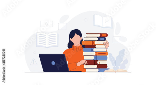 Student with Laptop and Stack of Books - E-learning, Research, and Study Concept