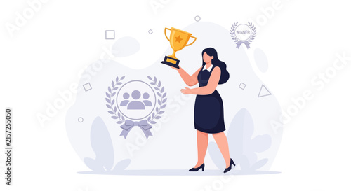 Successful Woman Holding a Golden Trophy, Celebrating Victory with Award Ribbons and Teamwork Icon