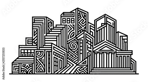 Modern Abstract Cityscape Outline with Geometric Patterns, Black and White Architectural Buildings, Vector Illustration