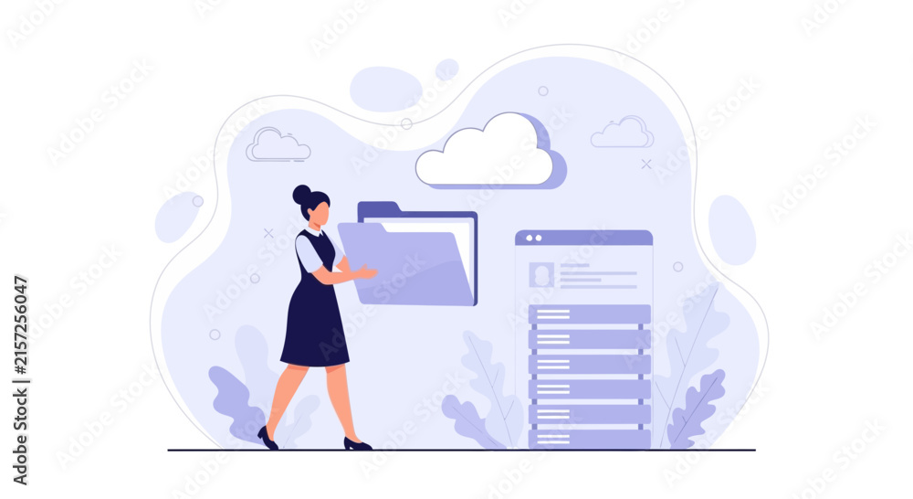 Fototapeta premium Woman Organizing Digital Files in Cloud Storage with Data Management Interface