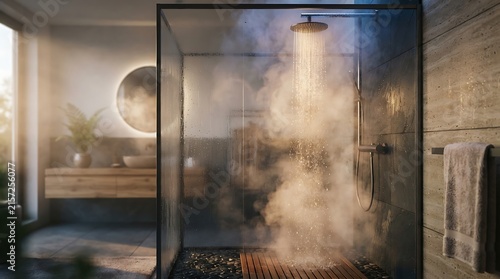 Steamy Shower Sanctuary: A modern, minimalist bathroom featuring a glass-enclosed shower fills with warm, ambient steam, creating a serene and relaxing atmosphere.