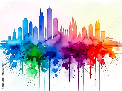 Vibrant city skyline blending with colorful abstract water splashes