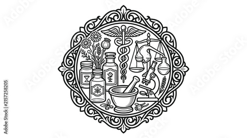 Medical pharmacy circular emblem with caduceus and mortar.