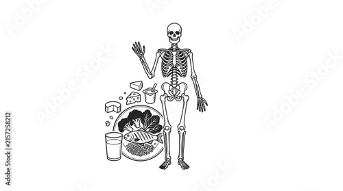 Skeleton standing with various healthy food items.