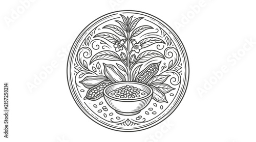Circular line art of cocoa plant and seeds.