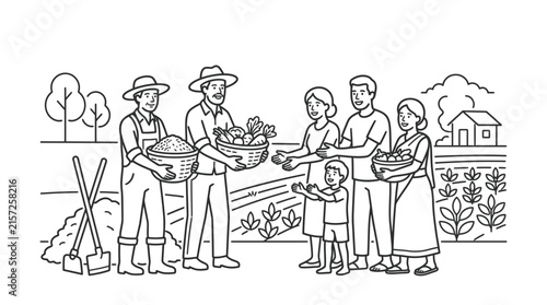 Family sharing garden harvest at rural farm.