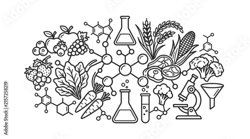 Laboratory glassware and molecular structures with fresh produce.