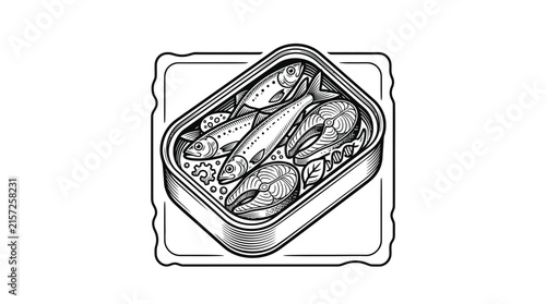 Open canned sardines line art illustration.