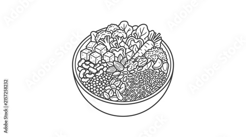 Healthy grain salad bowl line art illustration.