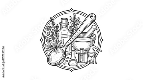 Mortar and pestle herbal medicine line art illustration.