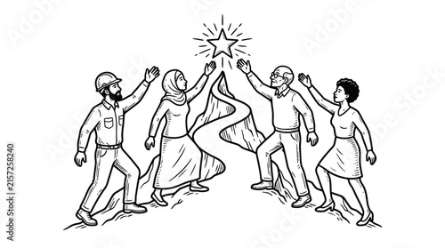 Diverse group climbing mountain toward success star.