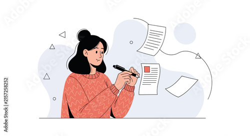 Young Woman Writing or Studying with Papers Floating Around Her