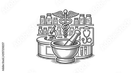 Traditional apothecary equipment with mortar and pestle.